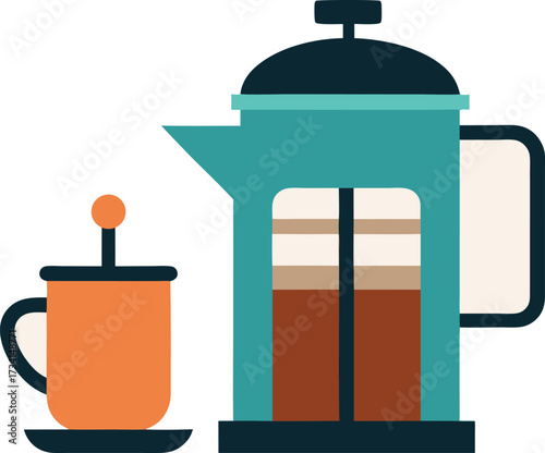 Stylish french press coffee maker and mug vector illustration for brewing coffee