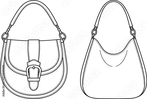 Two handbag illustrations, detailed purse drawings, fashion accessory sketches, vector line art, structured bag with buckle, slouchy shoulder bag design