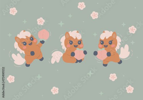 Cute horse and pink peach. Chinese new year. Cute horses, peaches and flowers