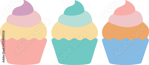 Vector illustration of three pastel frosted cupcakes scalable for design projects