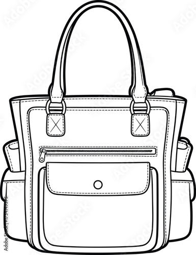 Handbag illustration with dual handles, front and side pockets, zipper closure design, fashion accessory sketch, vector line art, stylish leather tote