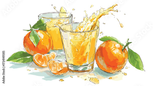 Vibrant Watercolor Illustration of Fresh Orange Juice Splash Concept