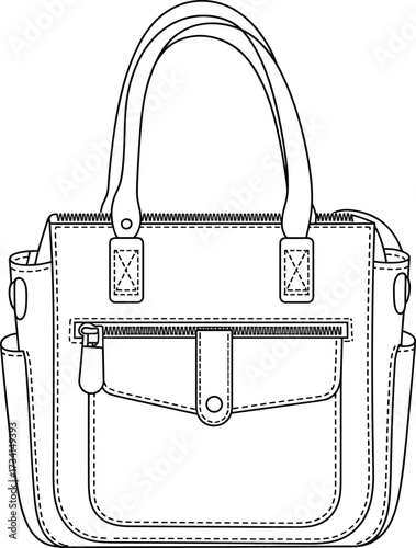 Handbag illustration with dual handles, front pocket design, fashion accessory sketch, vector line art, stylish leather purse drawing, detailed bag graphic