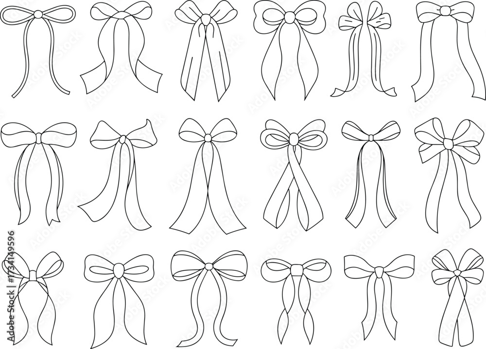 Fototapeta premium Collection of decorative bow illustrations, black and white ribbon set, fashion accessory sketches, gift wrapping elements, vector line art, stylish graphic icons