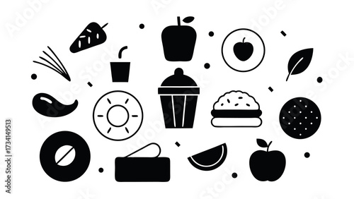 Assortment of food fruits vegetables desserts drinks and snacks
