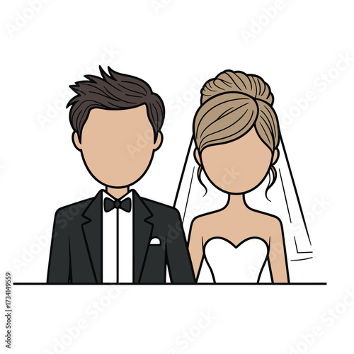 Minimalist Cartoon Wedding Couple in Simple Line Art