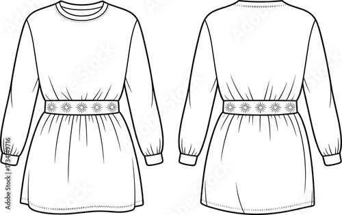 Long sleeve dress fashion illustration, front and back view, gathered waistline design, floral waistband detail, vector line art garment sketch
