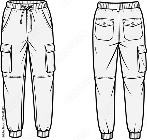 Cargo jogger pants fashion illustration, front and back view, elastic waistband with drawstring, flap pockets design, vector line art garment sketch
