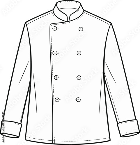 Double breasted chef jacket illustration, professional kitchen uniform drawing, culinary apparel sketch, vector line art, occupational clothing design, long sleeve coat