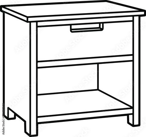 Simple black and white line drawing of a modern two-tiered nightstand with drawer for coloring isolated on transparent background , line art illustration for children's simple coloring book

