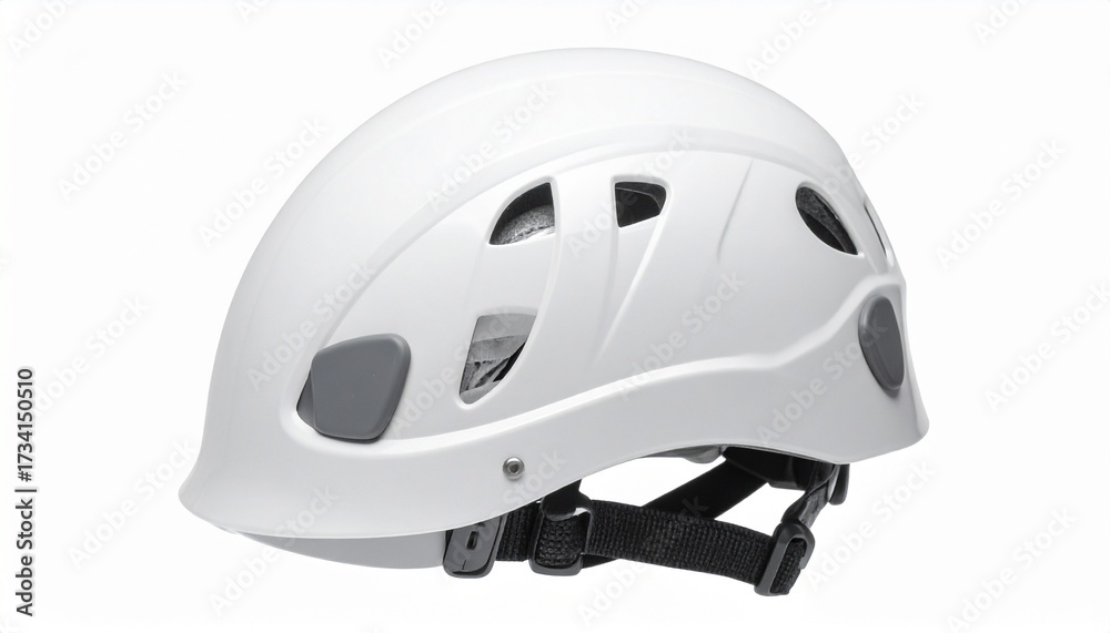 Fototapeta premium Describe a white safety helmet with ventilation slots, black adjustable straps, and ergonomic padding on a plain background. Highlight its protective design and comfort for industrial or construction 