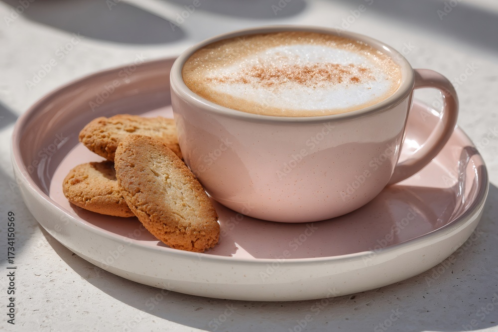Obraz premium Coffee cup with frothy milk and cinnamon powder on pink plate, serving sweet biscuits for breakfast or snack