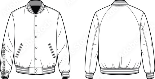 Varsity jacket fashion illustration, front and back view, ribbed collar cuffs waistband, raglan sleeve design, vector line art, casual outerwear sketch
