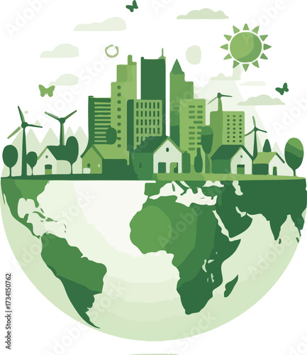 Green city on earth with windmills and buildings art