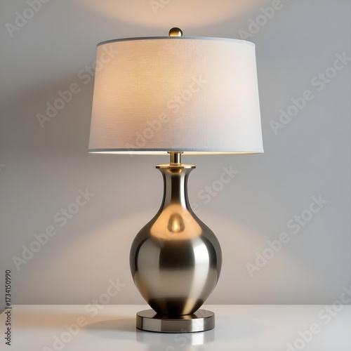 Elegant table lamp with fabric shade and metallic base isolated on white.
