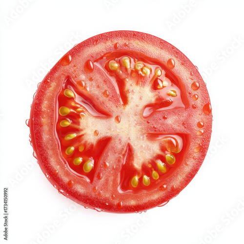 Wallpaper Mural Tomato slice seed juice fresh red vegetable food closeup isolated white background photorealistic healthy organic raw juicy ripe natural round cut ingredient nutrition macro detail wet summer diet Torontodigital.ca
