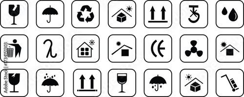 Packaging symbols set, Package Symbols business, sticker, illustration, Fragile box, keep dry umbrella,keep dry simple icons design,