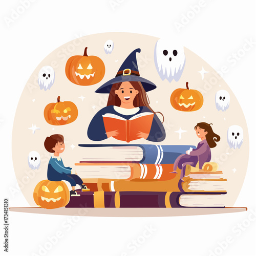 Witch Reading to Children on Halloween