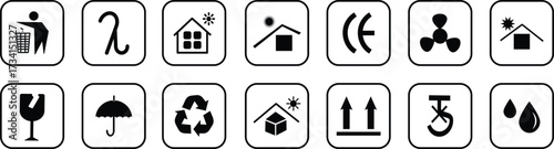 Packaging symbols set, Package Symbols business, sticker, illustration, Fragile box, keep dry umbrella,keep dry simple icons design,