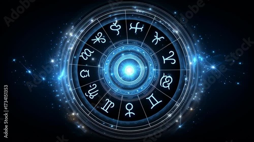 Energy and Horoscope concept ,mystic zodiac wheel glowing with astrological symbol star portal cosmic blue aura celestial wheel