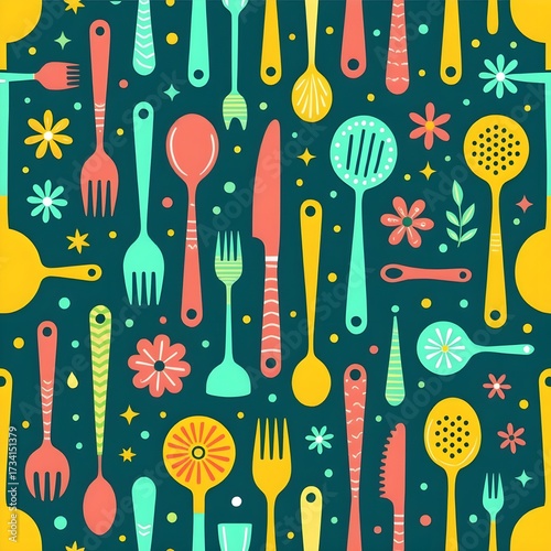 Modern kitchen utensil icons featuring spatula, ladle, whisk, and slotted spoon in flat design.