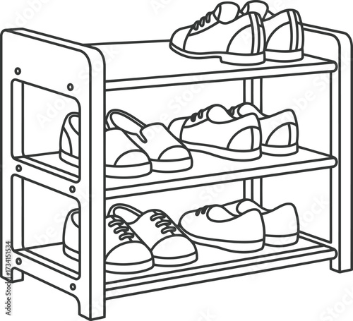 Simple line drawing shoe rack filled with sneakers for coloring fun and creativity isolated on transparent background line art illustration for coloring book
