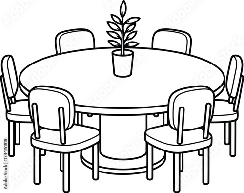 Oval dining table with chairs and plant coloring page design for fun and creativity isolated on transparent background , line art illustration for children's simple coloring book
