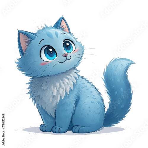 Cute artistic illustration of a friendly blue cat with shiny round eyes, smooth fur, and joyful sitting pose, whimsical style emphasizing charm and delightful pet character.