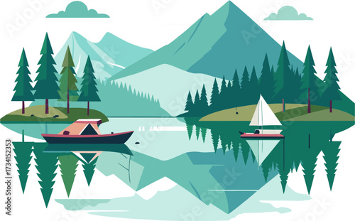Beautiful mountain lake landscape illustration with pine trees forest reflection sailing boat and canoe nature scenery vector art for travel tourism adventure and peaceful design