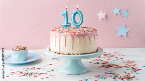 10th year birthday cake on isolated colorful pastel background
