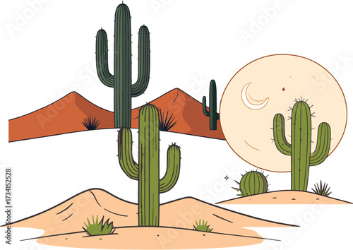 Minimalist desert landscape illustration with cactus mountains moon and sand dunes vector art for decorative poster wallpaper textile and modern packaging design