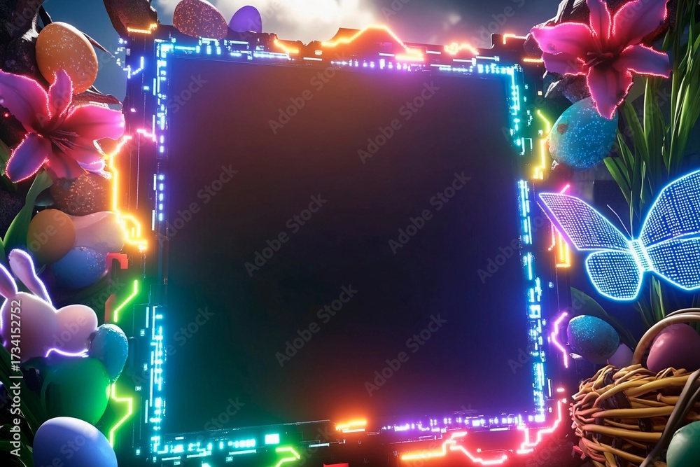 Obraz premium Colorful neon radiance square frame surrounded by festive elements for spring celebrations in a vibrant setting