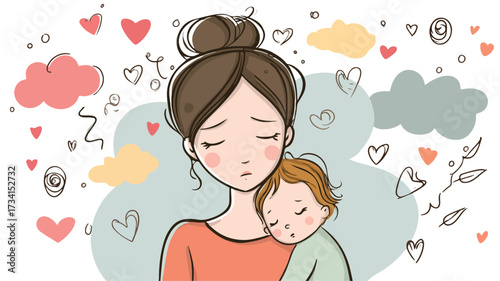 Postpartum Depression Cartoon Illustration: Motherhood Challenges and Mental Health Support