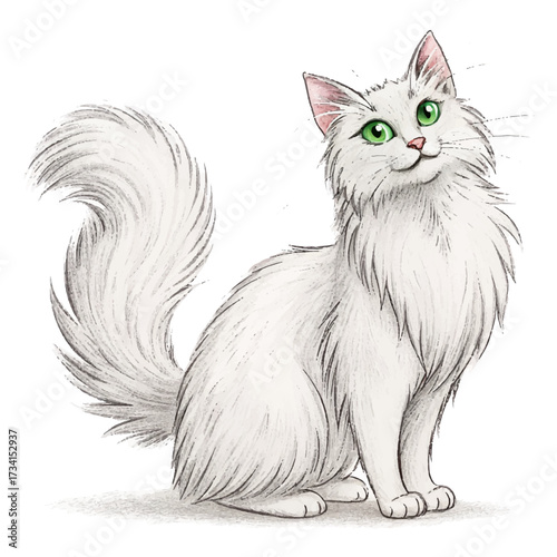 Charming illustration of Turkish Angora cat with fluffy white coat and striking green eyes, exuding playful and friendly demeanor. This artwork captures essence of this beautiful breed