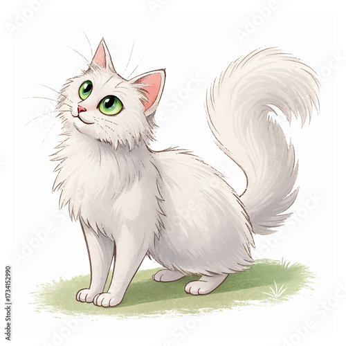 Charming illustration of Turkish Angora cat with fluffy white coat and striking green eyes, exuding playful and friendly demeanor. This artwork captures essence of this beautiful breed
