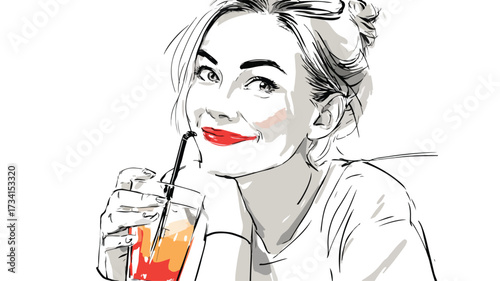 Happy Woman Smiling and Enjoying Drink, Joyful Female Drinking with Cheerful Expression Vector Illustration