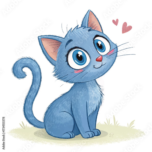 Cute artistic illustration of a friendly blue cat with shiny round eyes, smooth fur, and joyful sitting pose, whimsical style emphasizing charm and delightful pet character.