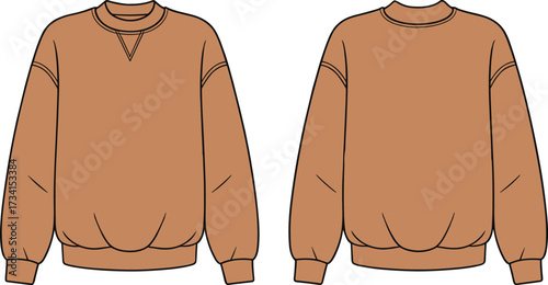 Brown sweatshirt vector template, front view design, fashion flat sketch, crew neck apparel mockup, long sleeve clothing illustration, casual garment technical drawing