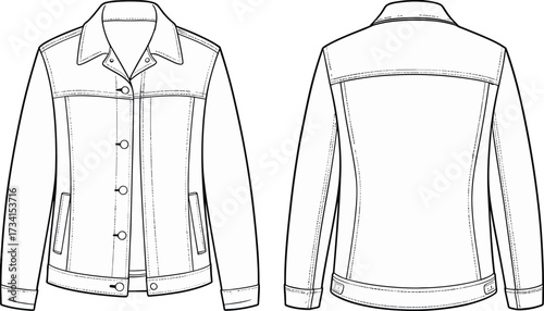 Denim jacket vector template, front and back view, fashion flat sketch, apparel technical drawing, long sleeve clothing design, casual garment mockup illustration