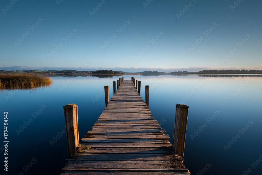 Fototapeta premium Wooden pier extending into calm lake at sunrise