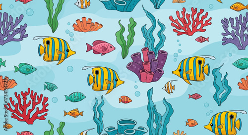 Seamless pattern of colorful fish and coral reefs in a whimsical underwater scene illustration