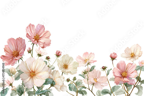 Pastel Cosmos Flower Border Clip Art for Wedding Textile Backgrounds