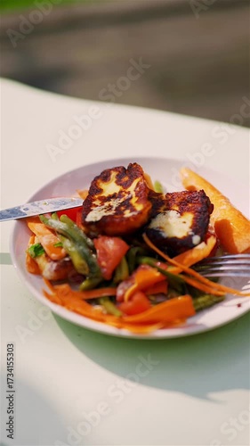 Fresh vegetarian salad with haloumi cheese and organic bio vegetables in sun