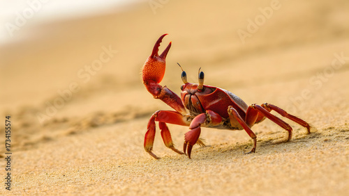 Bright red crab on the beach