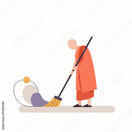 Monk sweeping floor with broom in minimalist, modern style  