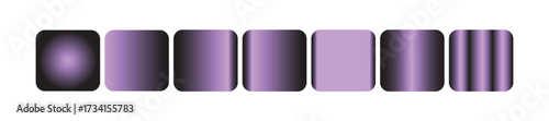 A row of seven rounded squares with different shades of purple and gradient effects, isolated on transparent background