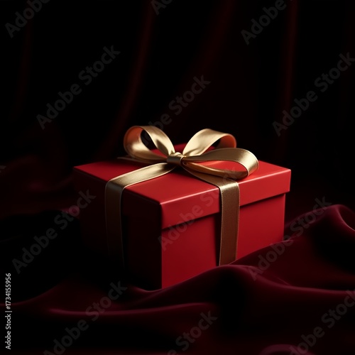 Elegant red gift box with gold ribbon on dark velvet background  