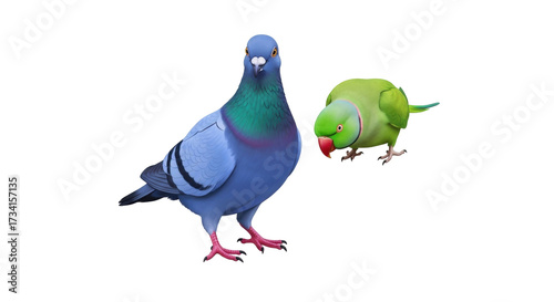 Valokuva Isolated Pigeon and a Rose-Ringed Parakeet Standing Together, Cute Exotic and Do