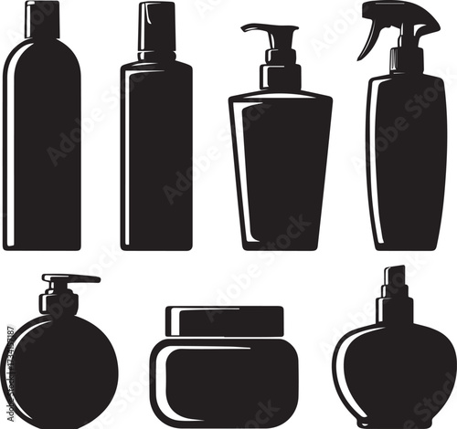 Cosmetic bottle silhouettes set beauty product packaging mockup collection