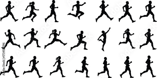 Running silhouettes of men and women, athletic motion poses, jogging and sprinting shadow figures, fitness workout illustration, active lifestyle concept, black runners isolated